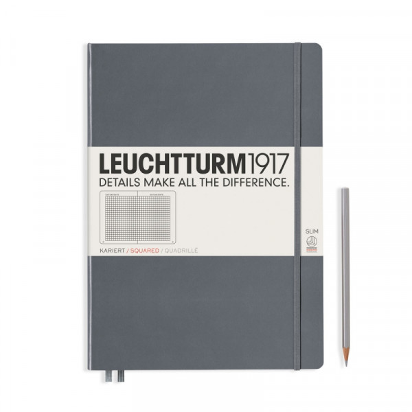 Блокнот А4+ 225*315 мм, 123 л., в клетку Leuchtturm1917.  Master Slim тв. обл., кожзам., на резинке, антрацитовый