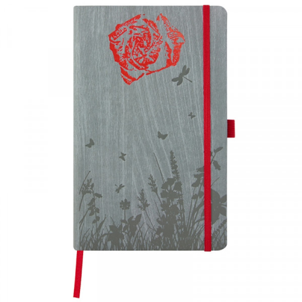Блокнот А5 130*210 мм., 120 л., тонир., лин. Foresta Rose обл. искусств. матер., на резинке, серый/красный, срез красный