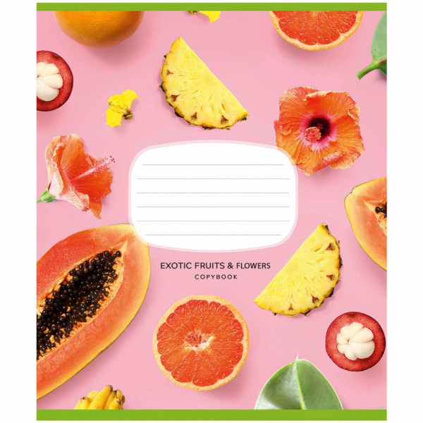 Тетрадь А5 12 л., клет. Fruits & flowers скоба сбоку, обл. карт., УФ-лак, ассорти