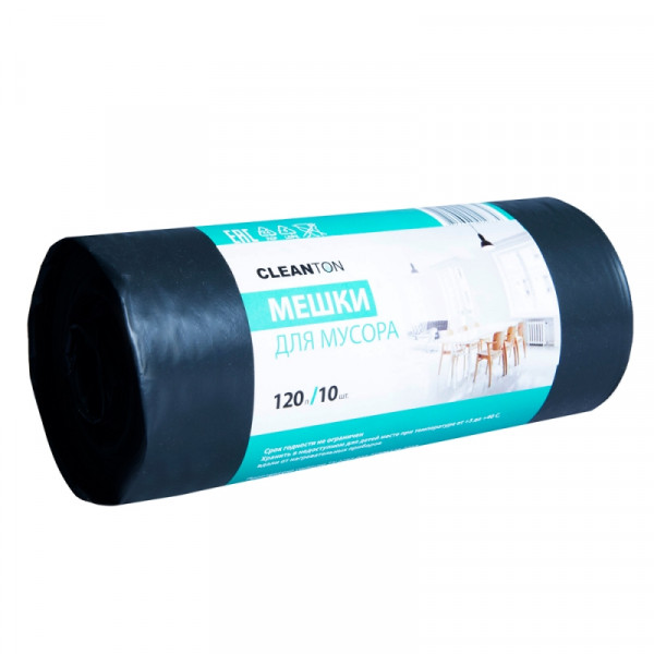 Мешки для мусора 120л 10шт/рулон ПВД Cleanton 50мкм 70*110см цв.черный Мешки для мусора 120л 10шт/рулон ПВД Cleanton 50мкм 70*110см цв.черный