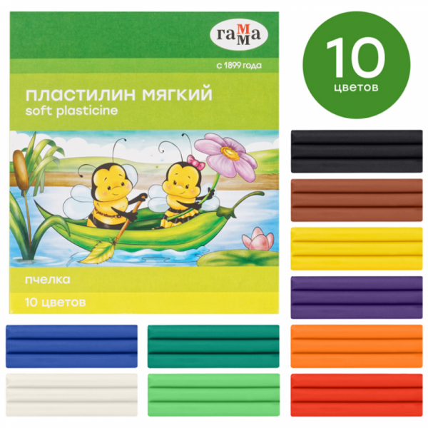 Пластилин для детской лепки 10 цв. Пчелка восковой со стеком