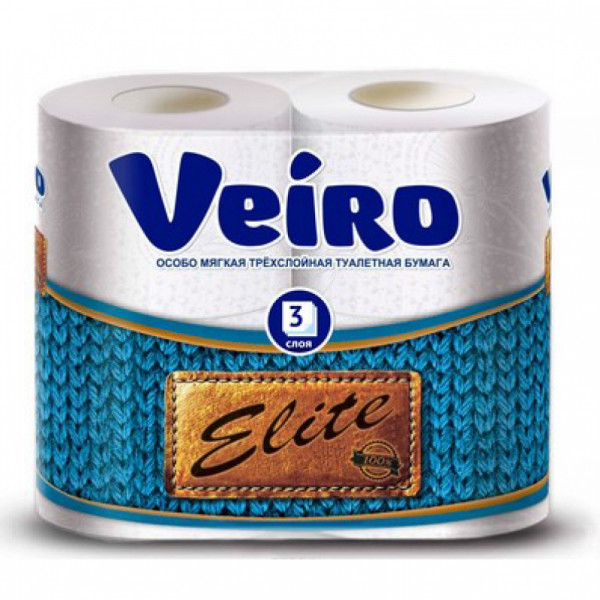 Бумага туалетная Veiro Elite, 4 рул, цв.белый, 3-сл.