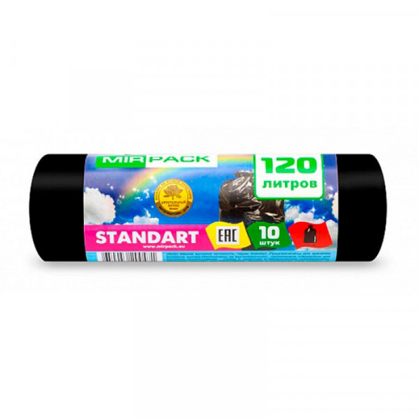 Мешки для мусора 120л 10шт/рулон ПСД Mirpack Standart 18мкм 70*110см цв.черный