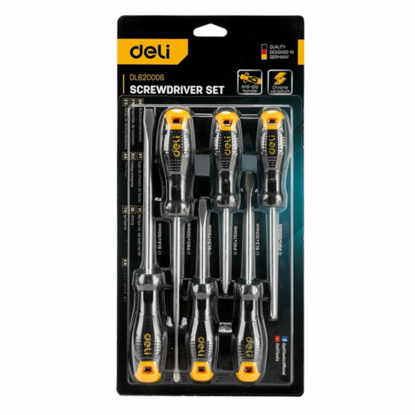 Отвертка Deli набор 6 шт., 3 SL, 3 PH, черный/желтый