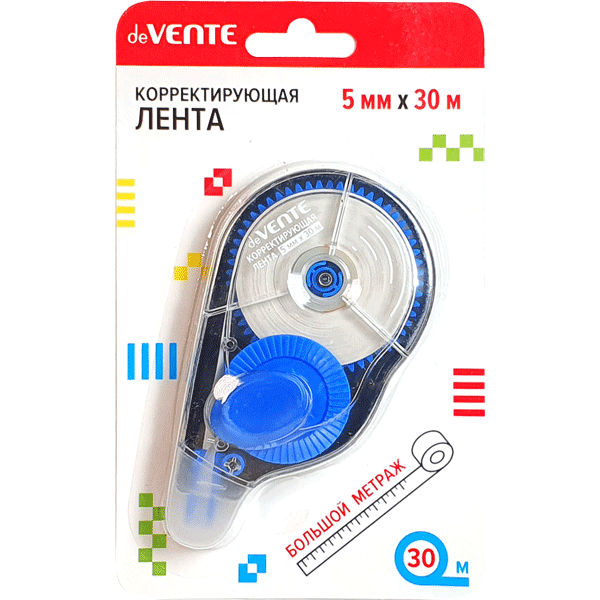 Корректирующая лента deVENTE 5 ммx30 м, синий полупрозрачный корпус, боковой аппликатор, в картонном блистере