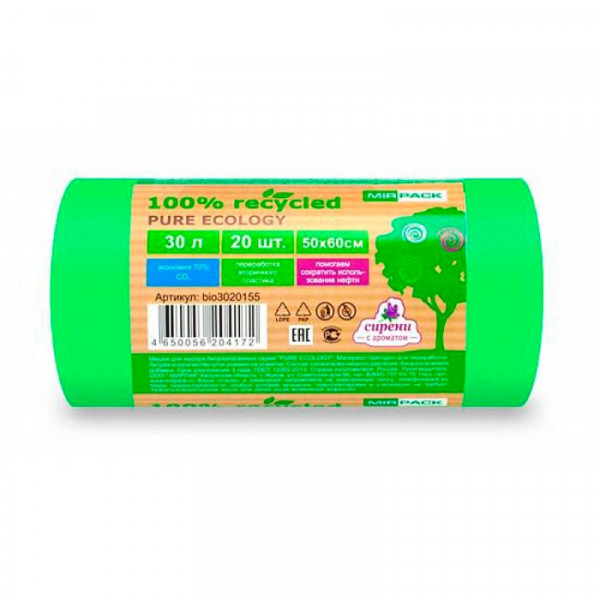 Мешки для мусора 30л 20шт/рулон ПНД Mirpack PURE ECOLOGY Био 12мкм 50*60см цв.зеленый Мешки для мусора 30л 20шт/рулон ПНД Mirpack PURE ECOLOGY Био 12мкм 50*60см цв.зеленый
