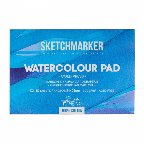 Блок бумаги для акварели Sketchmarker 100 хлопок, 21*31 см, 300 г/м2, 10 л., среднезернистая