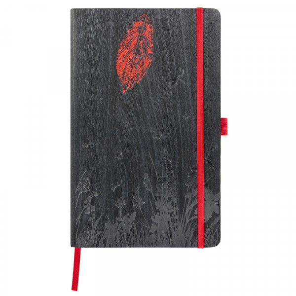 Блокнот А5 130*210 мм., 120 л., тонир., лин. Foresta Leaf обл. искусств. матер., на резинке, т.-серый/красный, срез красный