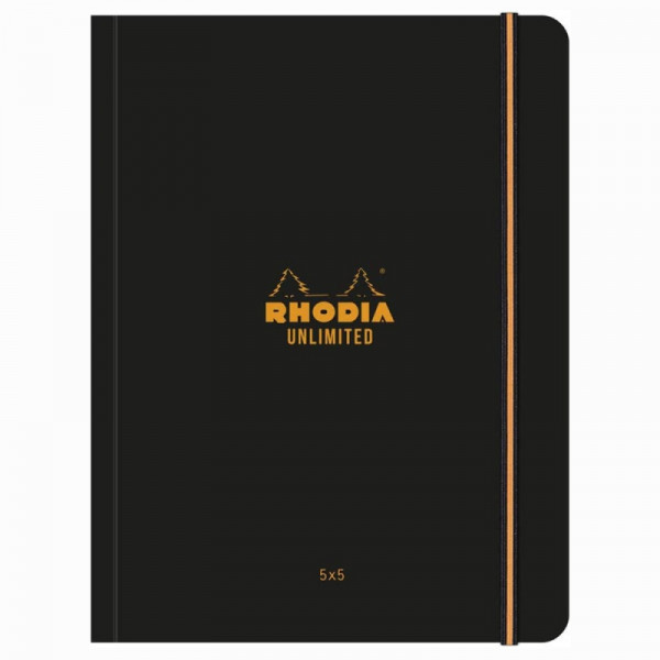 Блокнот А5+ 160*210 мм, 60 л., в клетку Rhodia Unlimited сшивка сбоку, обл. карт., микроперф., на резинке, черный