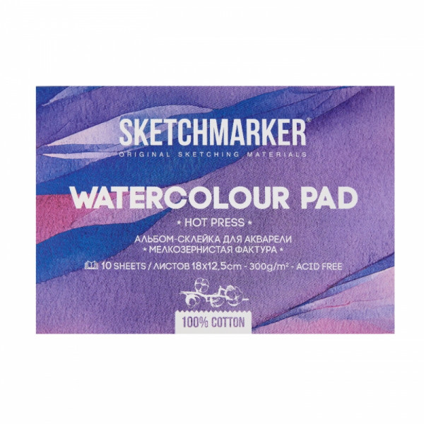 Блок бумаги для акварели Sketchmarker 100 хлопок, 12,5*18 см, 300 г/м2, 10 л., мелкозернистая