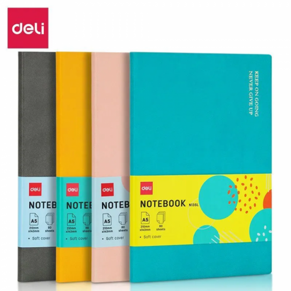 Блокнот A5 143*210 мм, 80 л., тонир., лин. Deli мягк. обл. кож.зам., розовый