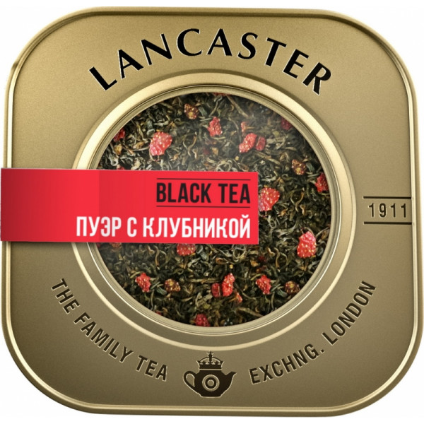 Чай LANCASTER ж/б, 75гр., черный байховый крупнолист., пуэр с клубникой