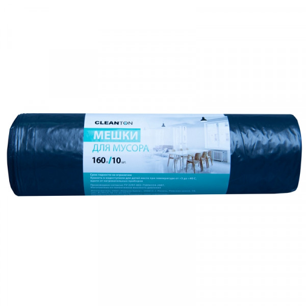 Мешки для мусора 160л 10шт/рулон ПВД Cleanton 50мкм 80*120см цв.черный Мешки для мусора 160л 10шт/рулон ПВД Cleanton 50мкм 80*120см цв.черный