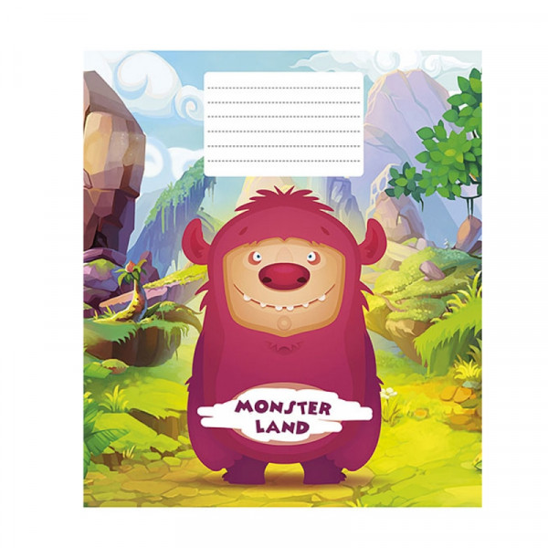 Тетрадь А5 12 л., лин. Monster Land скоба сбоку, обл. карт., ассорти