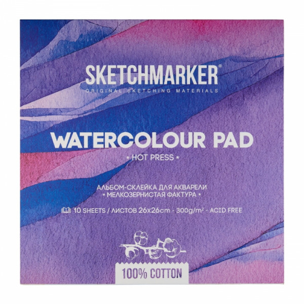 Блок бумаги для акварели Sketchmarker 100 хлопок, 26*26 см, 300 г/м2, 10 л., мелкозернистая