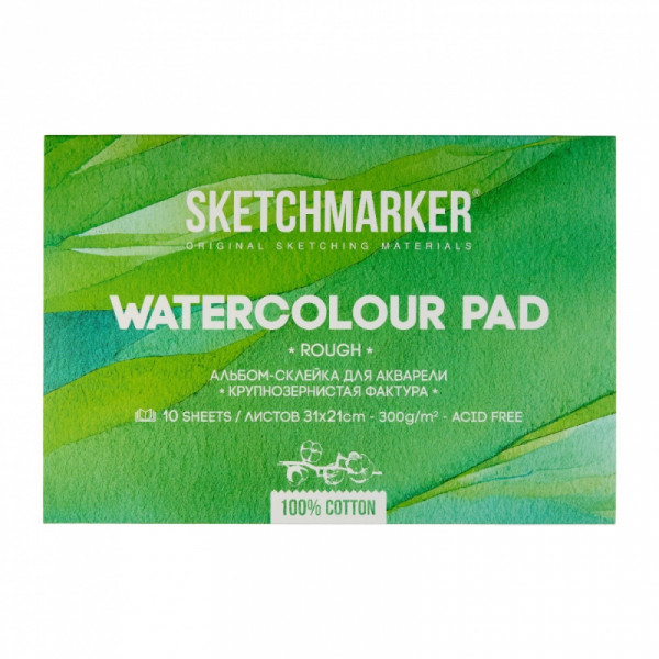 Блок бумаги для акварели Sketchmarker 100 хлопок, 21*31 см, 300 г/м2, 10 л., крупнозернистая