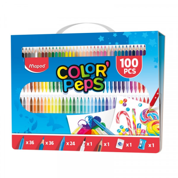 Набор д/рисования Color Peps, 100 предметов.Фломастеры 37 шт., цв.карандашей 36 шт., мелки воск. 24шт., 1 точилка, 1 ластик, 1 прост.карандаш